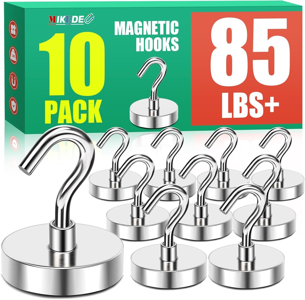 MIKEDE Magnetic Hooks, 85 Lbs Heavy Duty Earth Magnets with Hooks for Cruise Cabin, 10 Pcs Strong Locker Magnetic Hooks for Hanging, Metal Magnetic Hanger for Classroom, Grill, Fridge, Kitchen