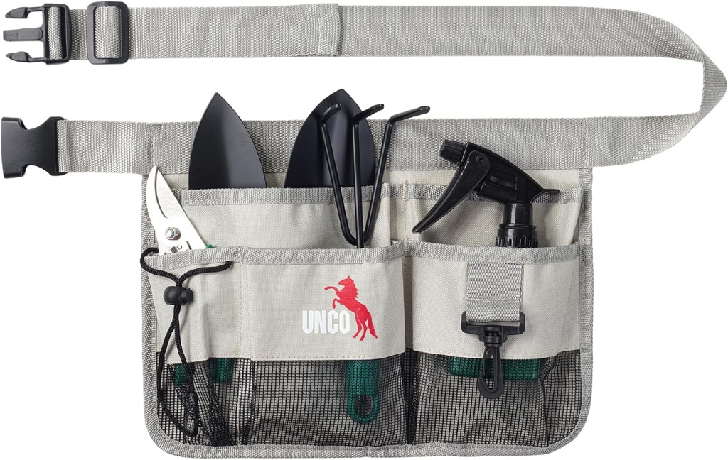 UNCO- Adjustable Gardening Belt, Light Gray, 7 Pockets, Wear Resistant, Cut Resistant, Water Resistant, Garden Tool Belt Pouch, Waist Apron with Pockets