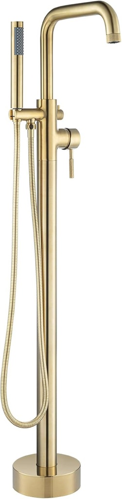 WOODBRIDGE F0073BGRD Contemporary Single Handle Floor Mount Freestanding Tub Filler Faucet with Cylinder Style Hand Shower in Brushed Gold Finish