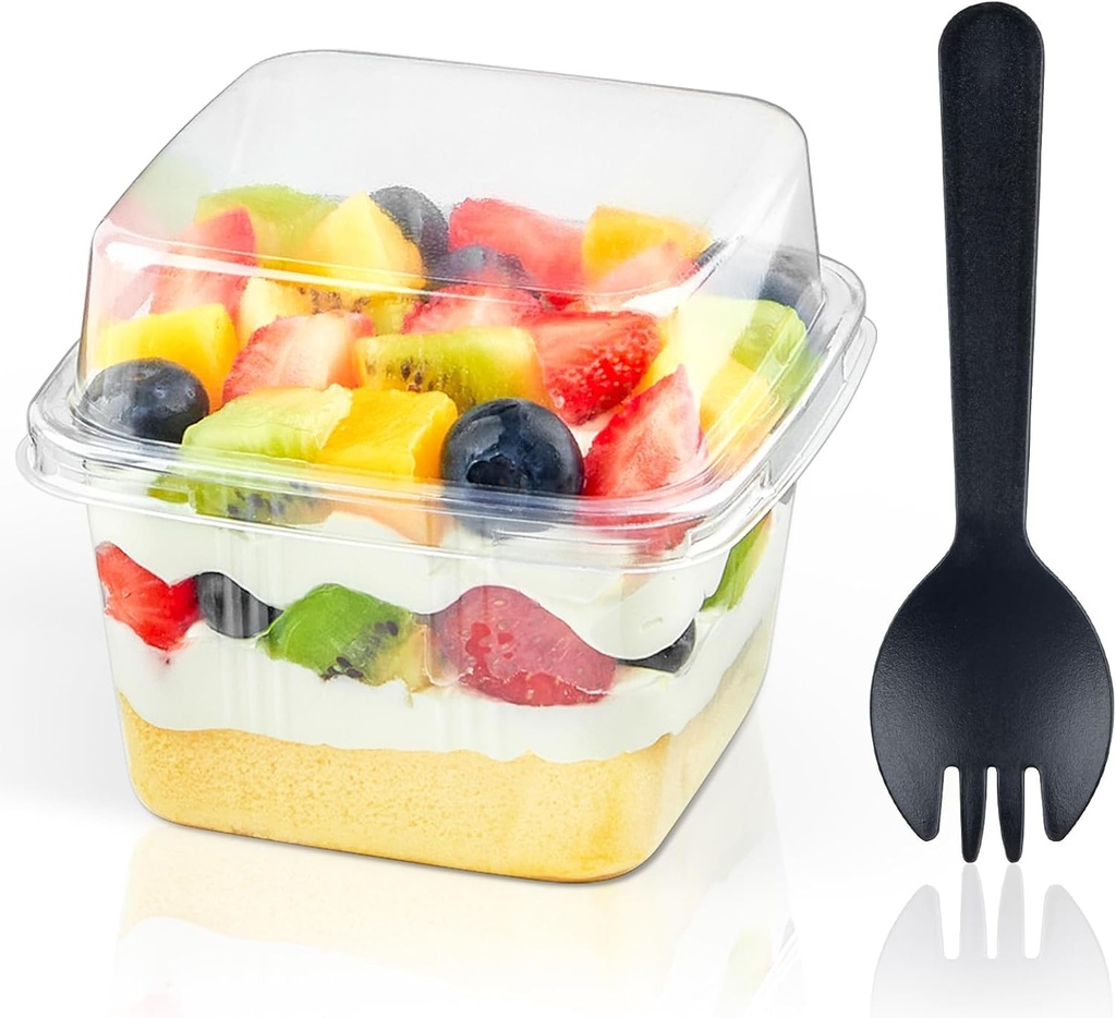 Zezzxu 100 Pack 8 oz Plastic Dessert Cups with Lids and Sporks, Square Parfait Cups with Spoons Cake Containers for Pudding, Yogurt Fruit, Mousse, Trifle and Ice Cream