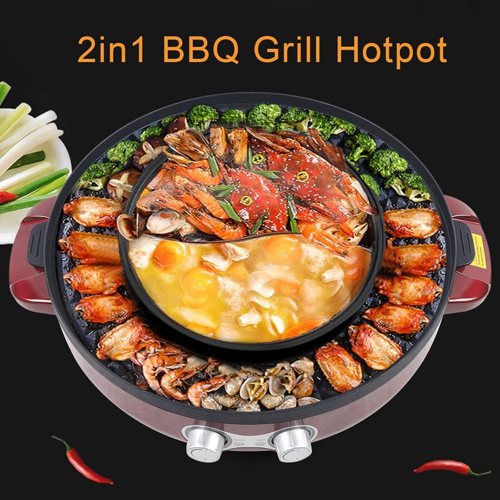 2 in 1 New 2200W Electric Smokeless Grill and Hot Pot BBQ Grill Soup Shabu Pot 5L Double-Flavor Electric Shabu Shabu Pot for Simmer, Boil, Fry, Roast