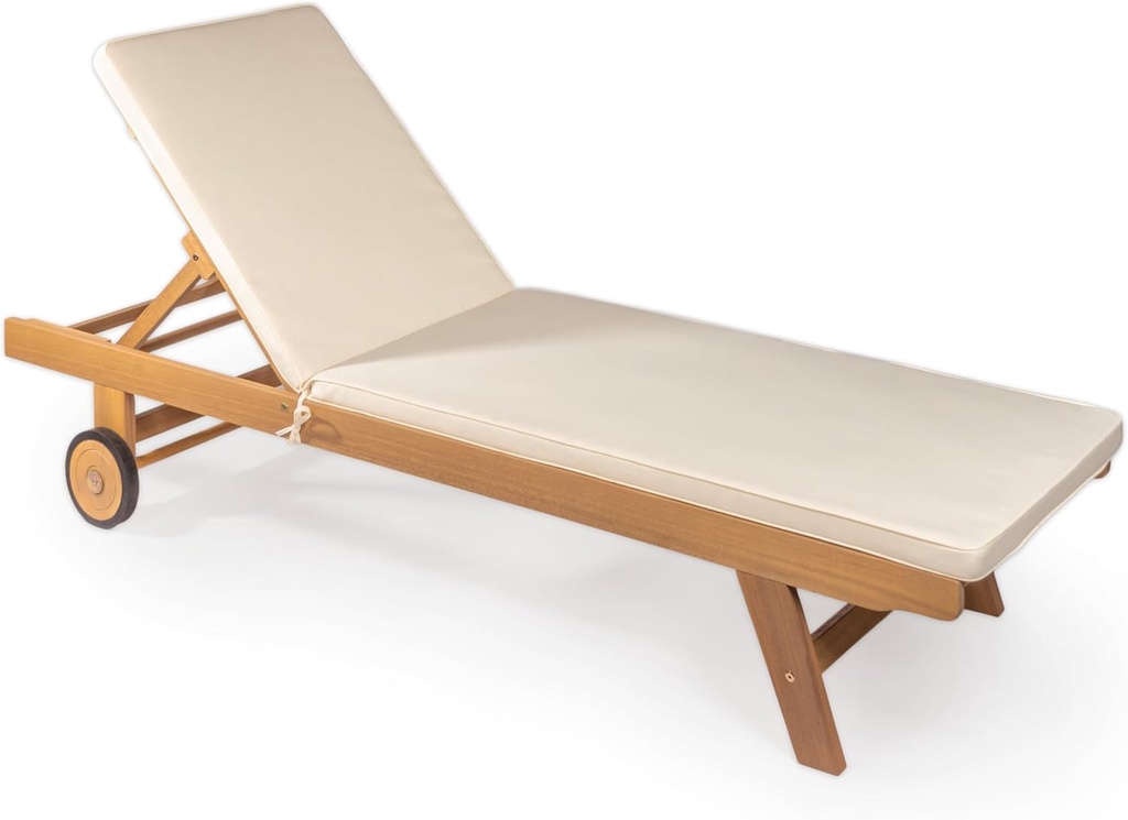 JONATHAN Y LNG1000A Mallorca 77.56"x23.62" Modern Classic Adjustable Acacia Wood Chaise Outdoor Lounge Chair with Cushion & Wheels Coastal, Bohemian, Minimalist, Traditional, White/Natural