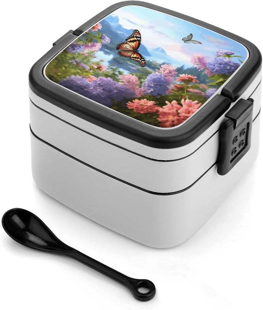 Butterfly Garden Bento Box Adult Lunch Box All-in-One Lunch Containers with Removable Compartments Double Layer Bento Lunch Box with Spoon And Handle Stackable Lunchbox