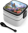 Butterfly Garden Bento Box Adult Lunch Box All-in-One Lunch Containers with Removable Compartments Double Layer Bento Lunch Box with Spoon And Handle Stackable Lunchbox