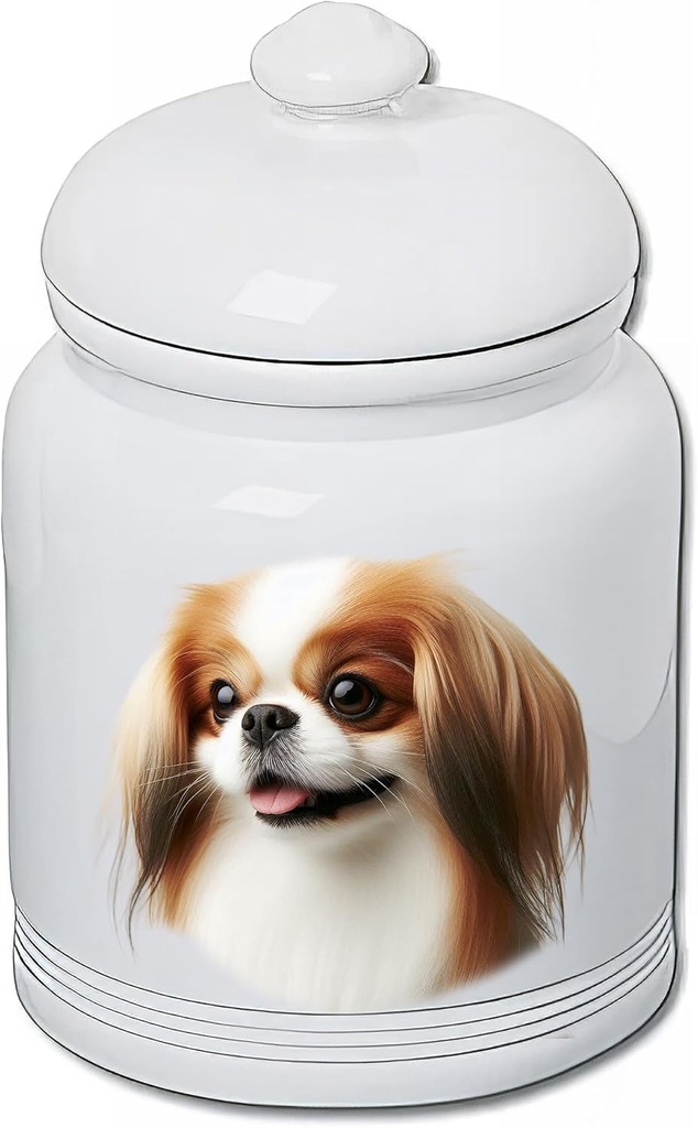 Best of Breed Japanese Chin Red/White Dog and Cat Ceramic Treat Jar 9" Tall Air Tight Seal All White