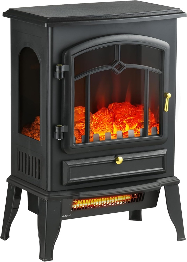 HOMCOM Electric Fireplace Stove, 22" Freestanding Fireplace Heater with 3-Sided Realistic Flame, Overheating Protection, Adjustable Temperature, Portable, 750W/1500W, Black