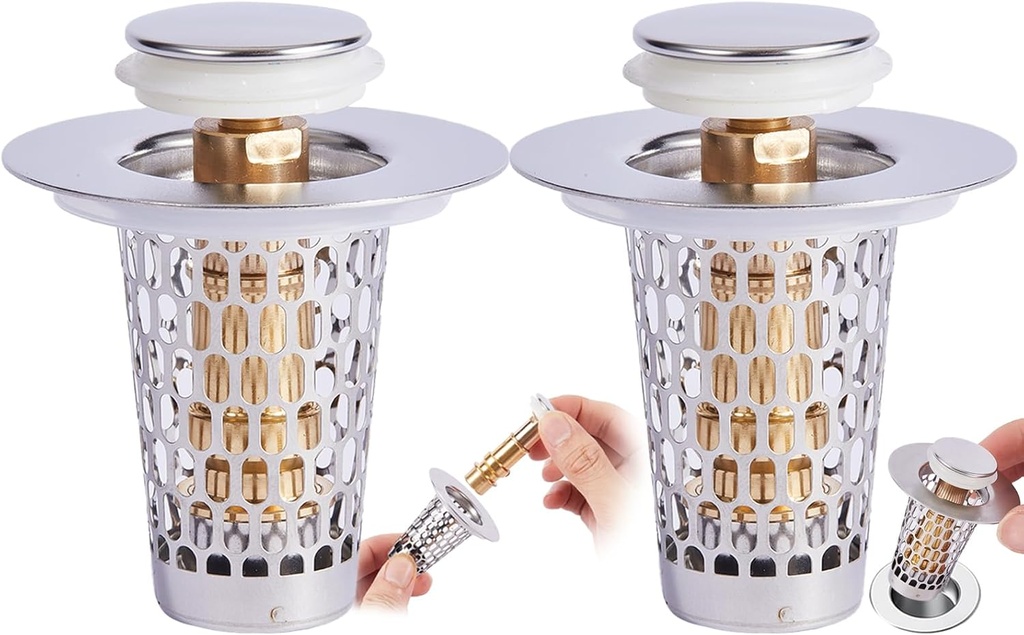 2 Pcs Bathroom Sink Drain Strainer, Pop-up Bathroom Sink Strainer with Removable Stainless Steel Anti-Clogging Fast Drainage Basket, Drain Hair Catcher Sink Stopper Replacement