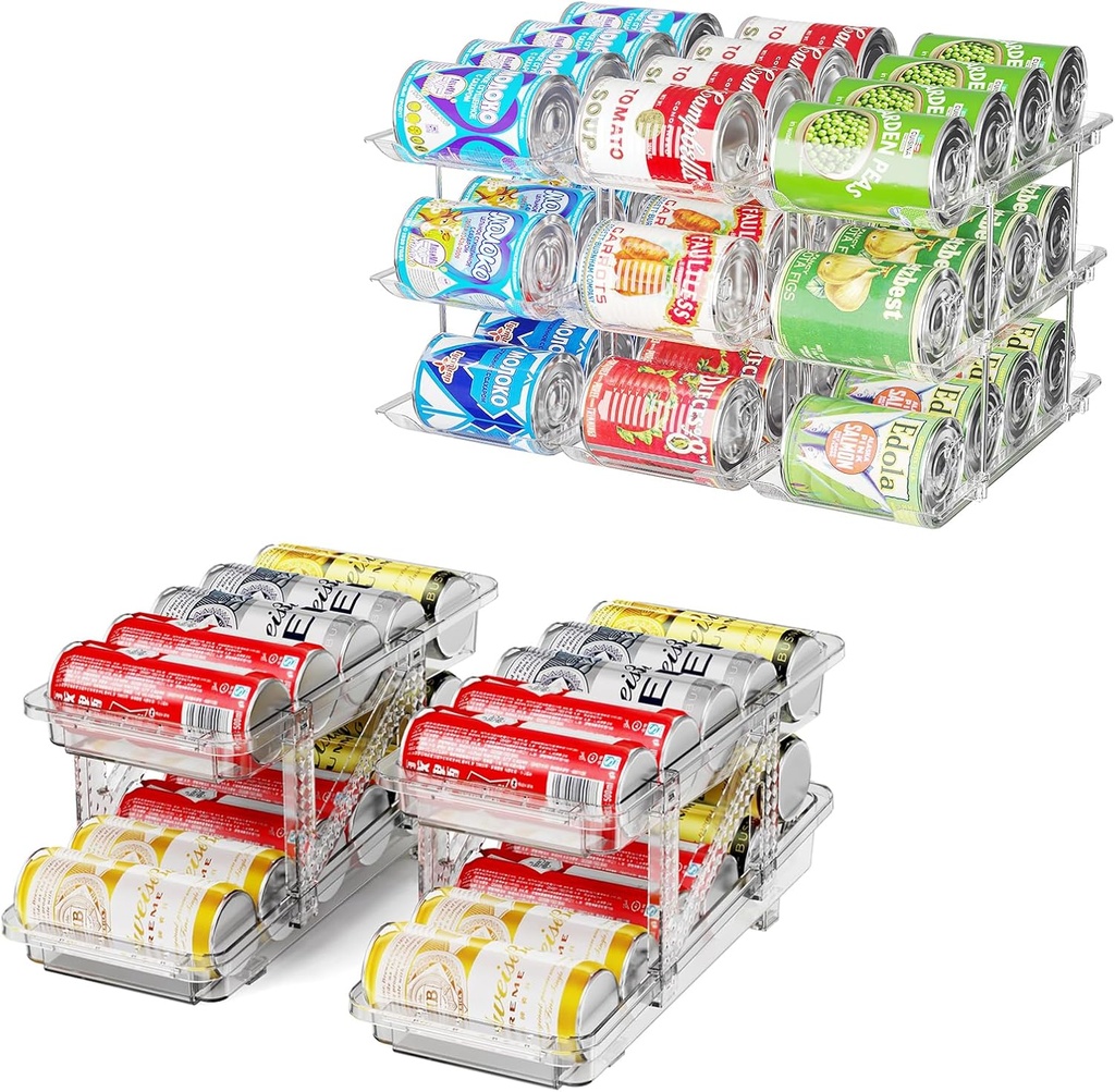Can Organizer for Pantry and 2 Pack Adjustable Width Soda Can Dispense for Refrigerator