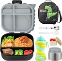 Dinosaur Lunch Box for Kids with Secret Compartment | 4 Compartments Bento Box + 12oz Insulated Food Jar | Leak-Proof Sauce Cup & Collapsible Spoon | BPA-Free, Dishwasher Safe(Grey-01)