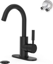 Phiestina Single Hole Matte Black Single-Handle High-Arc Stainless Steel Faucet for Pre-Kitchen Sink/Bar Sink/Bathroom Sink, with 4 Inch Deck Plate and Supply Hoses, Matte Black, WE08E-MB