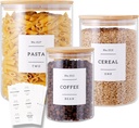 3 Pcs Glass Canisters with Airtight Bamboo Lids and 42 Kitchen Pantry Labels Preprinted - Clear Glass Flour and Sugar Storage Container Set - Large Glass Jars with Wood Lids(100 OZ/54 OZ/27 OZ)