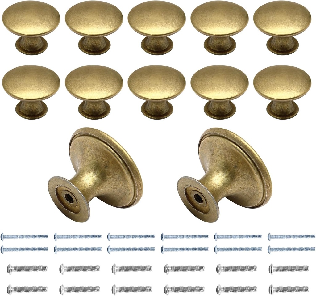 12 Pcs Brass Round Antique Brass Kitchen Cabinet Knobs Drawer Handle Pulls Cupboard Door Knobs Dresser Knobs with 24 Pack Screws for Bathroom Drawer Door Hardware