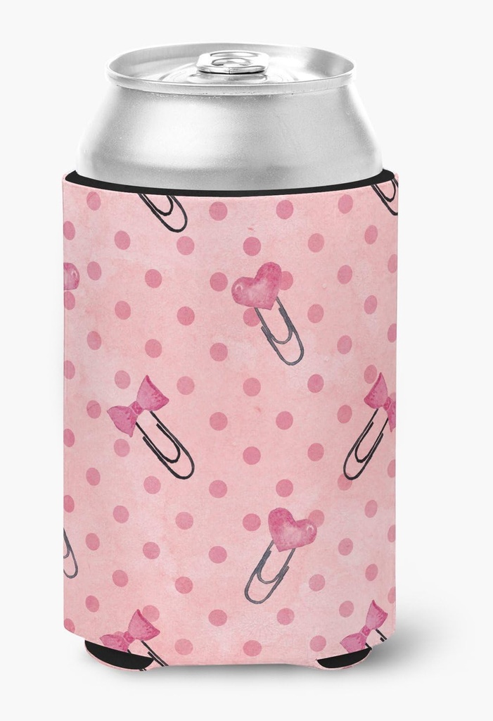 Caroline's Treasures BB7543CC Watercolor Paper Clips and Polkadots Pink Can or Bottle Hugger Cooler Washable Drink Sleeve Collapsible Beverage Insulated Holder, Can Hugger, Multicolor