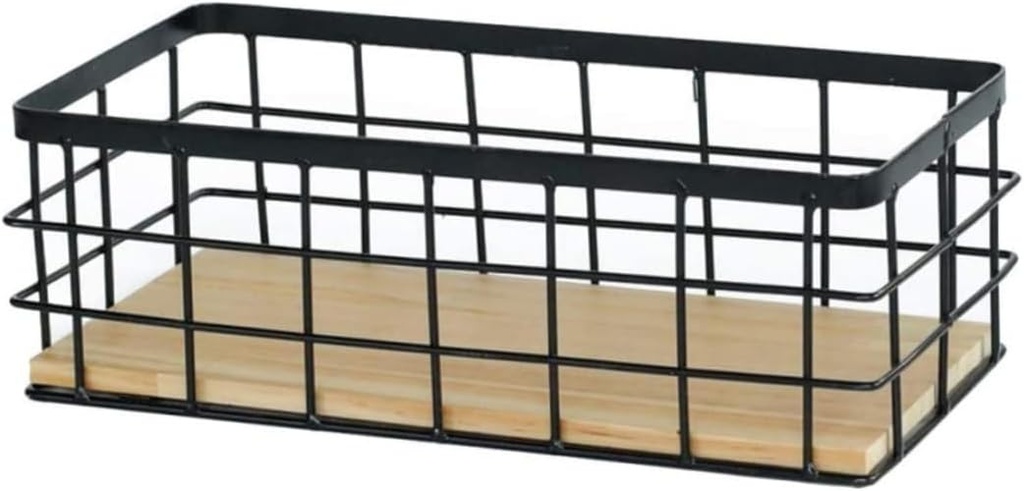 Wire Storage Baskets with Wood Base Rectangular Desktop Wall Hanging Metal Basket Color Minimalist Heavy Duty Baskets for Kitchen Bathroom, for Organizing