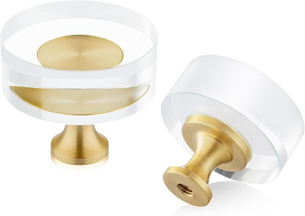 QOGRISUN 5-Pack Brass Crystal Cabinet Knobs,Glass Crystal Gold Drawer Knobs,1-1/4-Inch Round, Decorative Dresser Pulls, Modern Cabinet Hardware