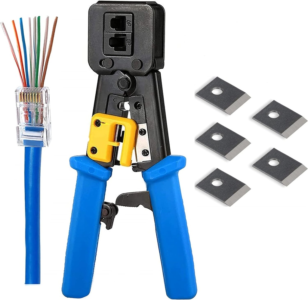 PETECHTOOL RJ45 Crimp Tool Ethernet Pass Thru Crimper with 5Pack 8Pin Replacement Blades for Pass Through Cat5 Cat5e Cat6 RJ45 RJ12 Regular and End Pass Through connectors