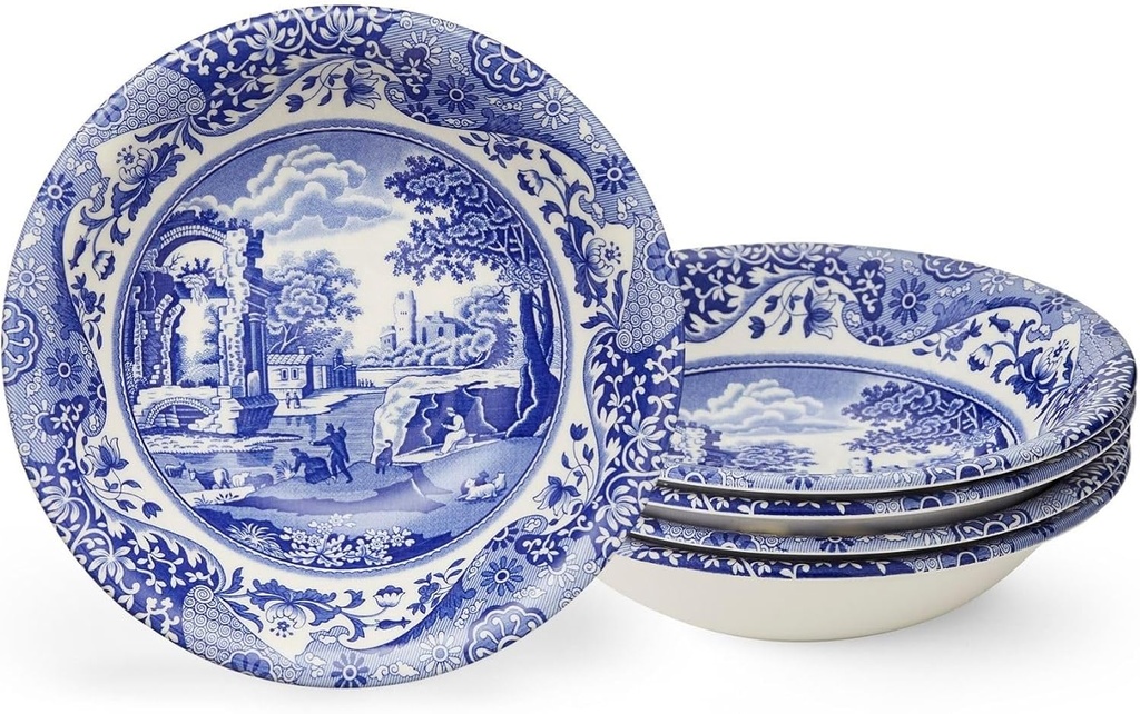 Spode Blue Italian Ascot Cereal Bowl Set of 4-8-Inch Earthenware Bowls with Oriental Design, Dishwasher & Microwave Safe Tableware for Breakfast, Soup, Rice, Dessert - Blue & White Dinnerware