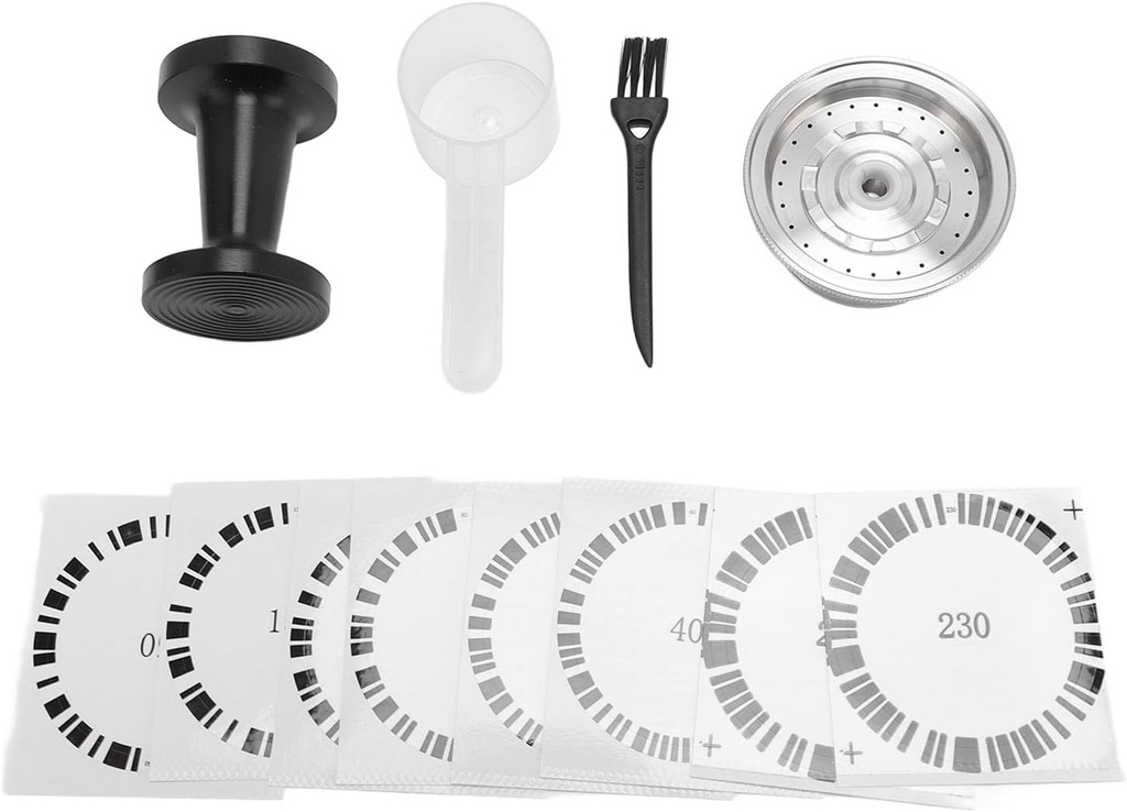 Refillable Coffee Capsule Kit, Reusable Double End Tamper, Stainless Steel Permanent Coffee Pod Holder with 8 QR Code Stickers, Brush and Spoon, Compatible with Machine