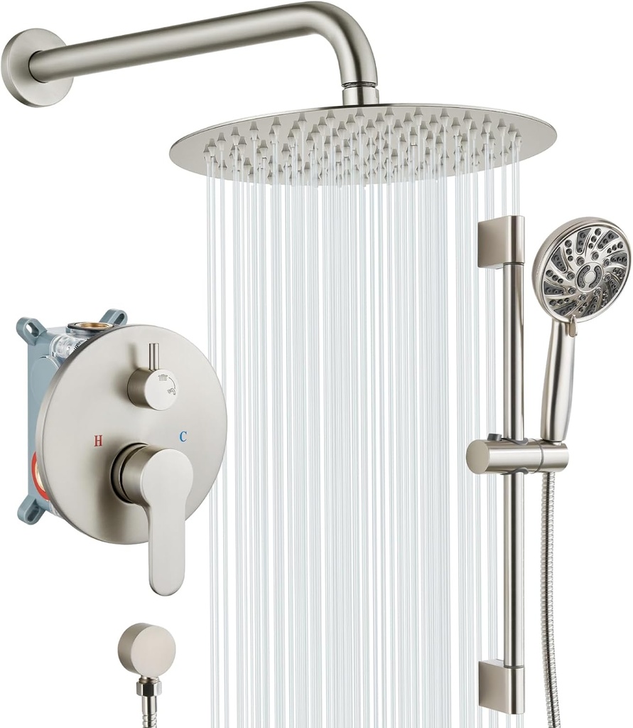 gotonovo Slide Bar Shower System Round High Pressure Showerhead and 6-Spray Handheld Combo Shower Faucets Sets Complete Wall Mount Shower Valve and Trim Kit, 10 Inch, Brushed Nickel
