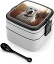 White Labrador Bento Box Adult Lunch Box All-in-One Lunch Containers with Removable Compartments Double Layer Bento Lunch Box with Spoon And Handle Stackable Lunchbox