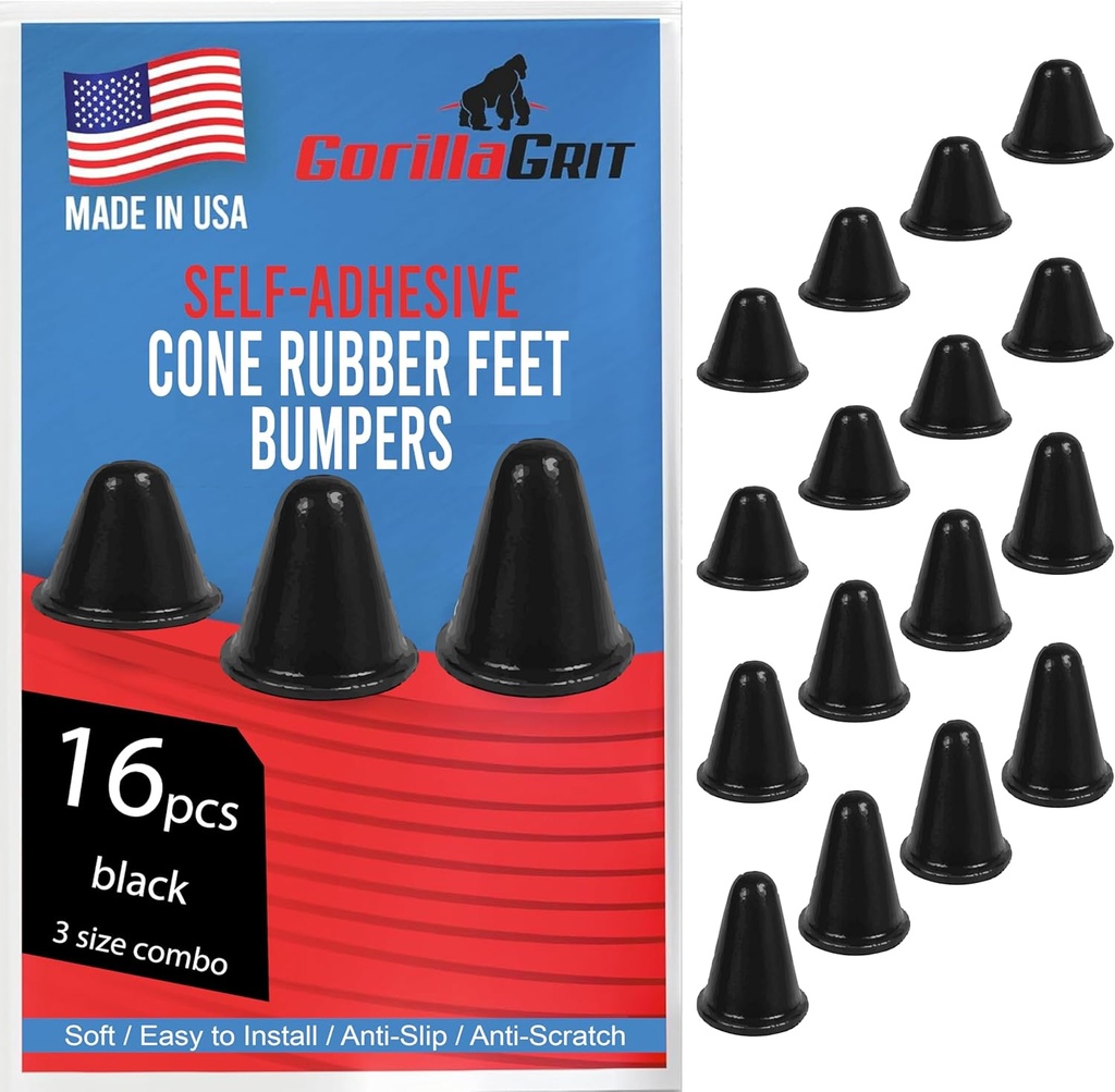 Conical Rubber Bumpers Black - 16 PC Combo - Tall Rubber Feet Spacers for Electronics, Computer Equipment, Speakers, Car Truck Bug Deflector, Cheese Boards, Furniture, Cabinet Door