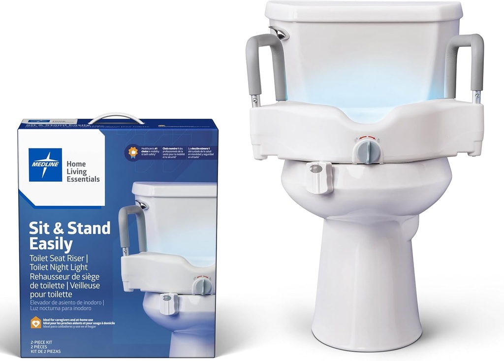 Medline Multi-Function Bathroom Kit for Caregivers, Seniors and Adults: Toilet Seat Riser and Attachable Toilet Light for Adults, Disabled- Enhanced Safety, 1 Ct.