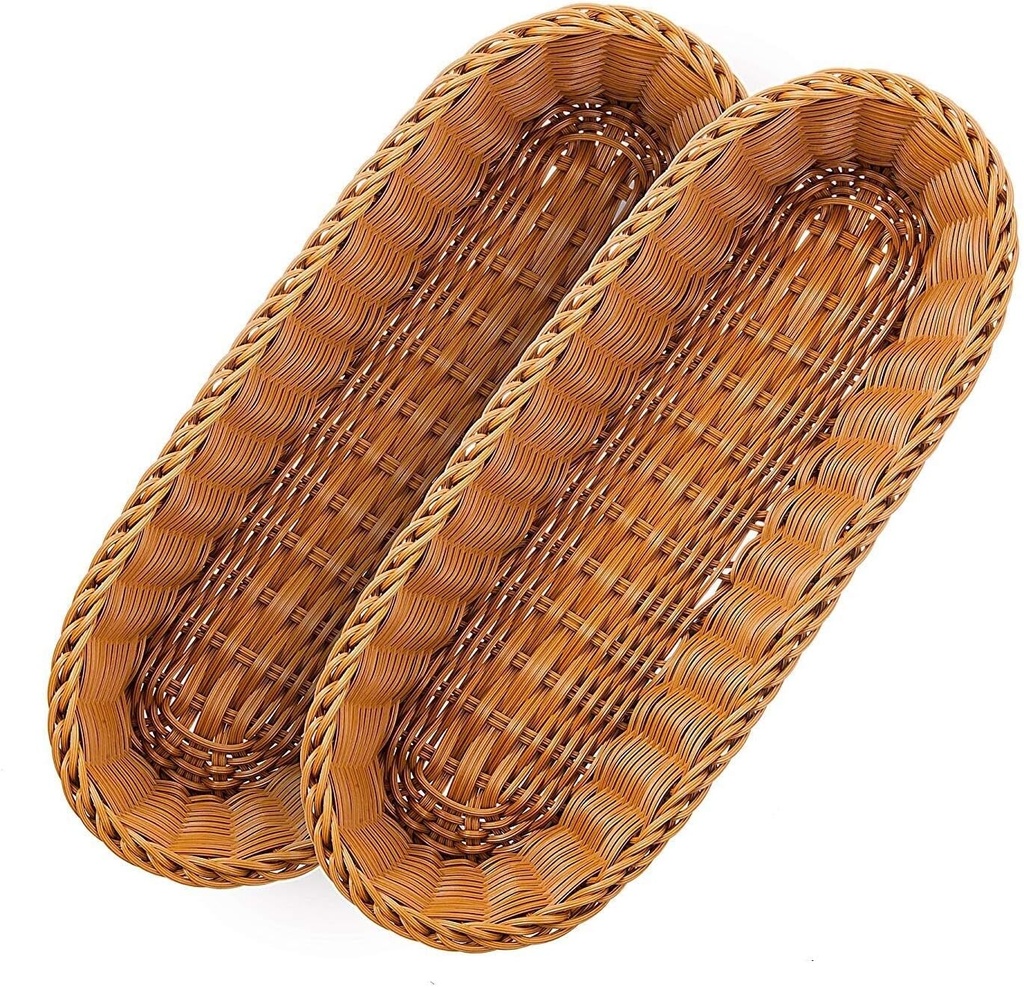2 Set 14.5" Poly-Wicker Bread Basket, Long Woven Tabletop Food Serving Basket, Honey Brown - Set of 2