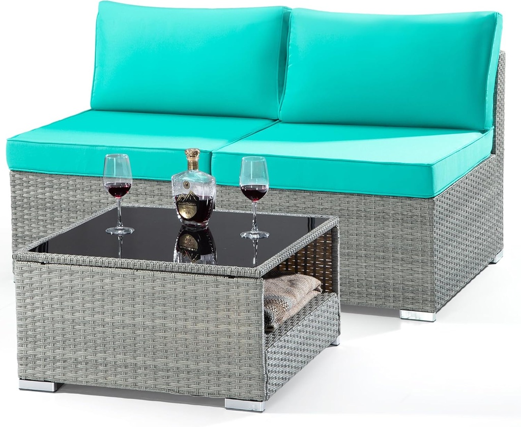Outdoor 3 Pieces Armless Wicker Couch Set, Outdoor Patio Sectional Loveseat with Removable Cushions and Coffee Table, Armless Rattan Sofa, Aqua