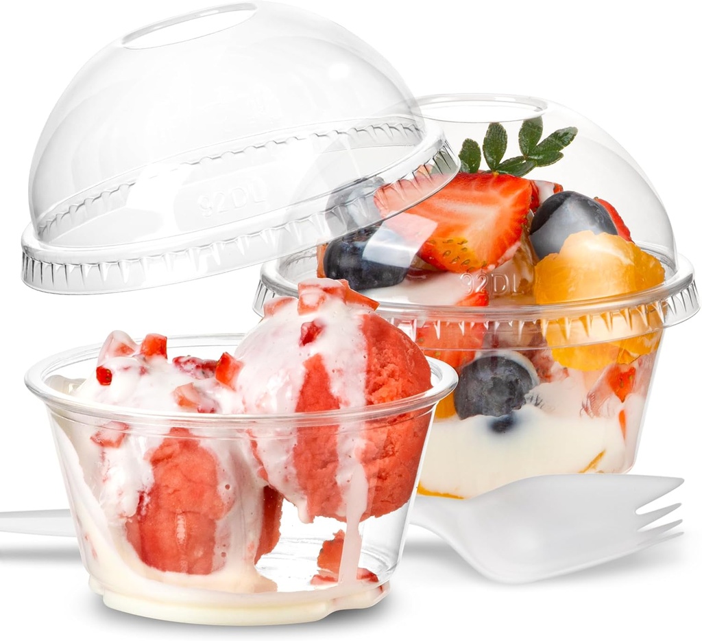 Fit Meal Prep [50 Pack] 5 oz Clear Plastic Dessert Cups with Dome Lids and Sporks, Disposable Parfait Cups with Lids, Fruits Cups No Hole, Party Containers for Yogurt, Ice Cream, Snacks, Pudding