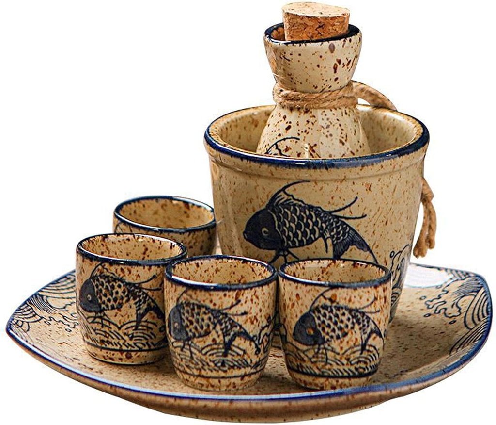 Sake Cup Set - Japanese Ceramic Sake Set 7 Piece Set,Retro Sake Wine Warmer Set Hot Wine Shochu Pot Ceramic Wine Glass Ancient Style Cups