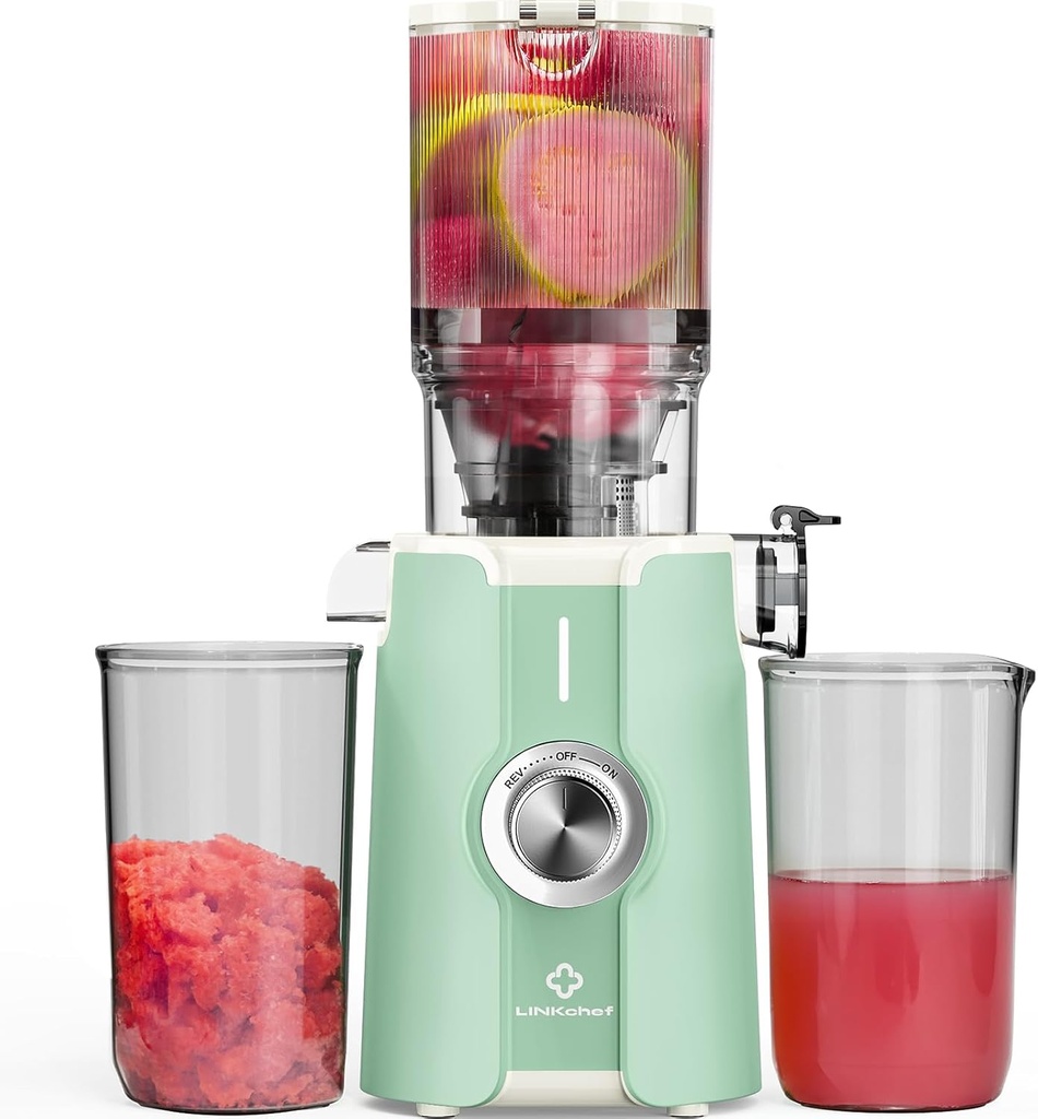 Cold Press Juicer, LINKChef Slow Masticating Juicer Machines with No-Prep 4.35" Large Feed Chute & Upgraded Auger for Whole Vegetables and Fruits, 42oz Capacity, Easy to Clean, Light Green