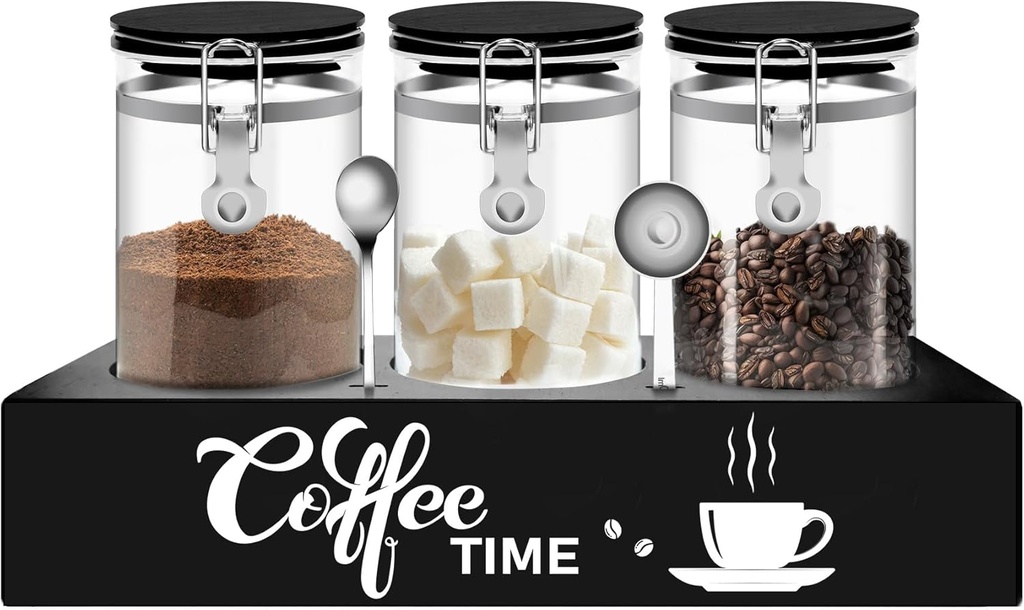 OARSE 3 PCS Glass Coffee Container with Wooden Shelf,3 x 54 oz Glass Coffee Bean Storage Container with Airtight Locking Clamp Lid Spoons Coffee Canister Set,Jars for Coffee Beans,Nuts,Tea,Sugar