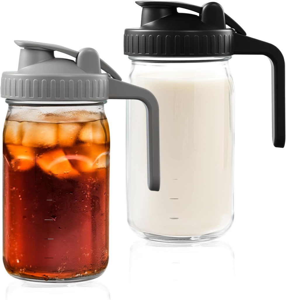2 Pack Glass Pitcher with Lid, Wide Mouth Mason Jars 32 oz, Glass Breast Milk Pitcher Mason Jar, Glas Pitchers with Handle and Lid Easy to Clean, Ideal for Coffee & Creamer, Iced & Sun Tea, Juices