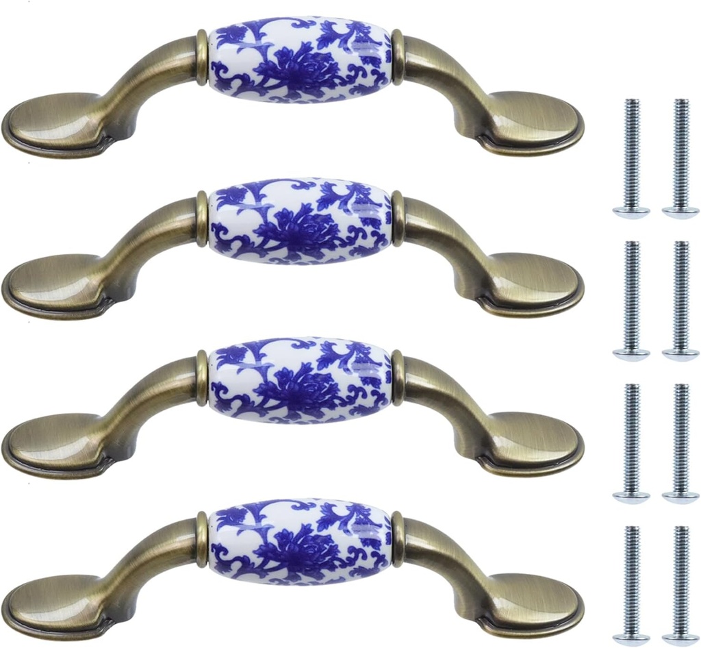 MY MIRONEY Drawer Pull Ceramic and Zinc Alloy Cabinet Handles 3" Hole Center Classical Handle 4 PCS with Screws for Drawers, Kitchen Cabinets, Cloakroom Doors and Other Furniture
