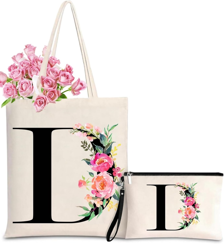 Initial Canvas Tote Bag for Women, Personalized Monogrammed Tote Bags with Makeup Gift Bag for Wedding Bridesmaids Birthday