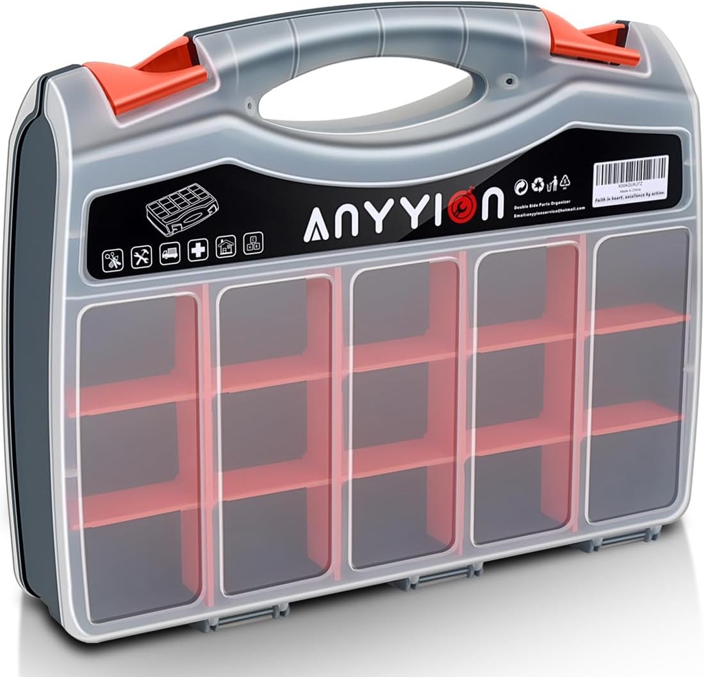 Anyyion Parts Organizer Case, Double Side Parts Organizer, 21-Compartments and 10 Movable Small Trays, Removable Dividers for Hardware, Screws, Bolts, Nails, Beads, Jewelry.