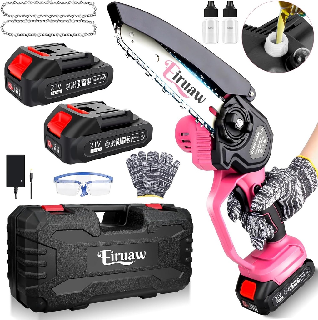 Mini Chainsaw Cordless 6-INCH, Portable Electric Power Pruning Saw, Rechargeable Battery Powered Handheld Chain Saw for Tree Branches, Courtyard, Household and Garden, 2PCS 21V 1500mAh Batteries