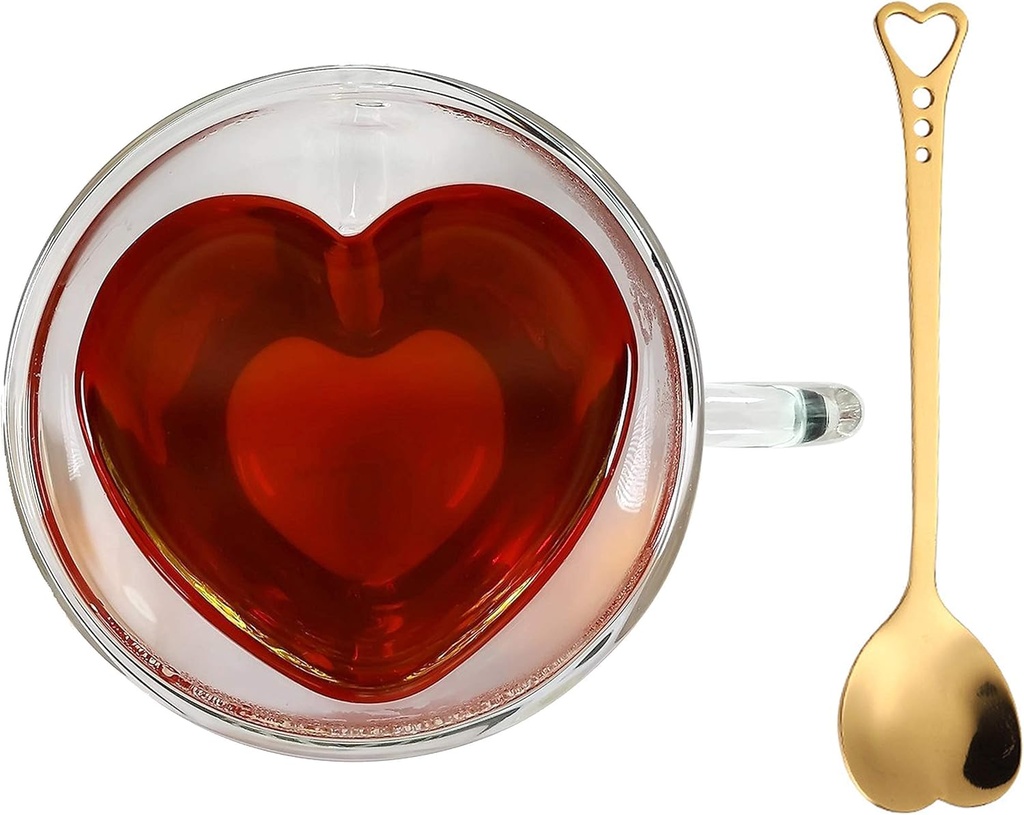 Heart Shaped Cup - Double Walled Insulated Glass Coffee Mug or Tea Cup - Double Wall Glass 10oz (300ml) - Clear - Unique & Insulated with Handle - With Teaspoon