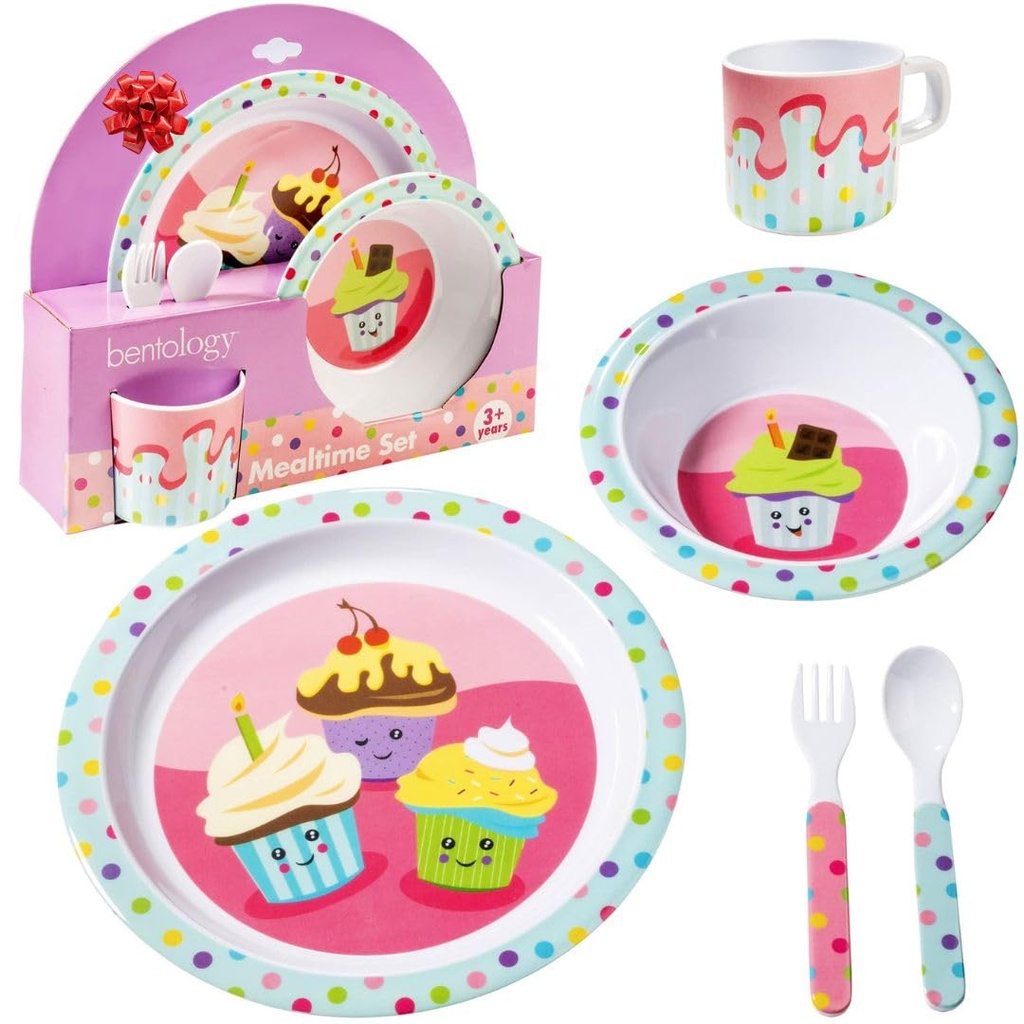 Bentology 5 Pc Mealtime Set for Kids - Cupcake Theme - Includes Raised Edge Plate & Bowl, Cup, Fork & Spoon- Dishwasher Safe, BPA Free- Cute Dish, Easy Self-Feeding- XMAS Holiday Gift for Toddlers