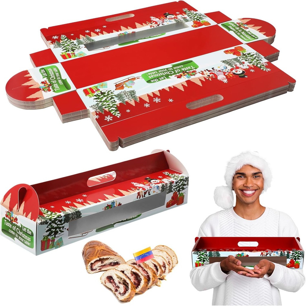 Cholemy 50 Pcs Christmas Ham Bread Boxes Containers 18" x 4.75" x 3" Paperboard Baking Bakery Box Bags for Homemade Bread Holiday Packaging Gift Giving with Handle (with Window)