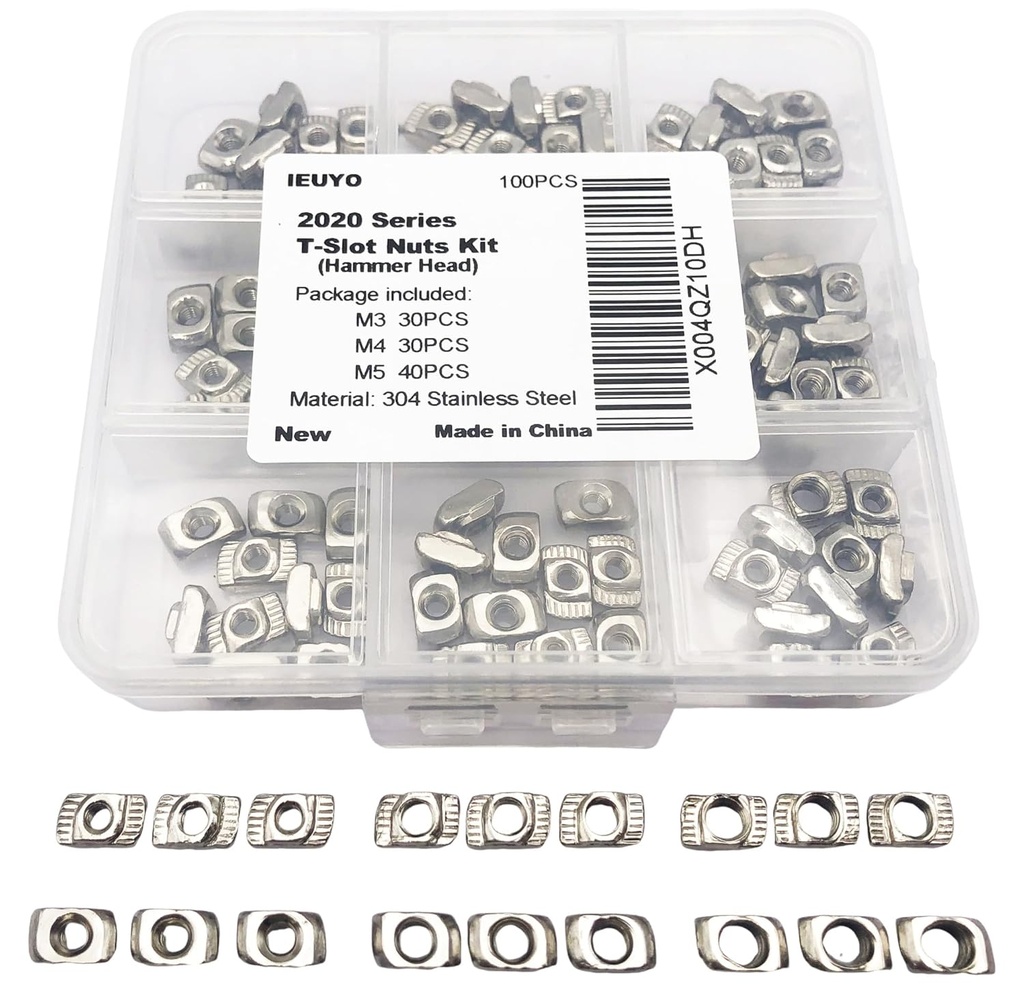 M3 M4 M5 T-Nuts for 2020 Aluminum Profiles - 100 Pcs Kit - 304 Stainless Steel Hammer Head T-Slot Fasteners