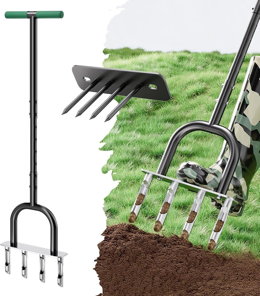 2-in-1 Lawn Aerator, Core Aerator Lawn Tool, Lawn Spike Aerator, Hand Aerator Lawn Tool with Replaceable Hollow and Solid Tines, Garden Tool Solve Soil Compaction for Garden Grass and Yard