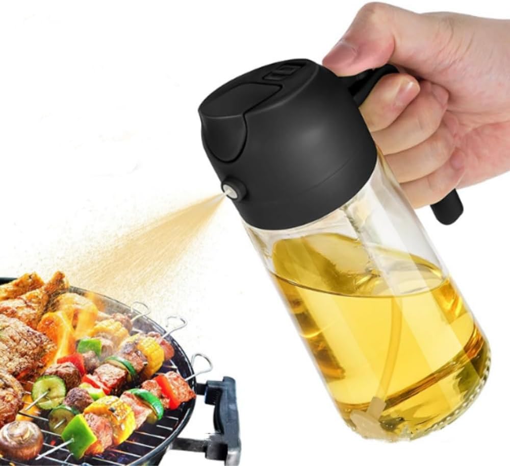 Generic 16 oz Olive Oil Dispenser, 2 in 1 Oil Sprayer for Cooking, 470ml Glass Oil Spray Bottle with Pourer, Food-grade Oil Dispenser and Oil Sprayer for Kitchen, Salad, Frying, BBQ (black)
