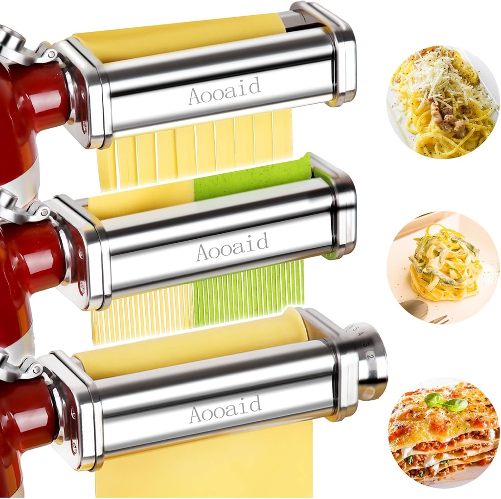 Pasta Roller & Spaghetti Cutter, Fettuccine Cutter Attachment for Kitchenaid Stand Mixer，3 Pcs Stainless Steel Pasta Maker Accessories By Aooaid