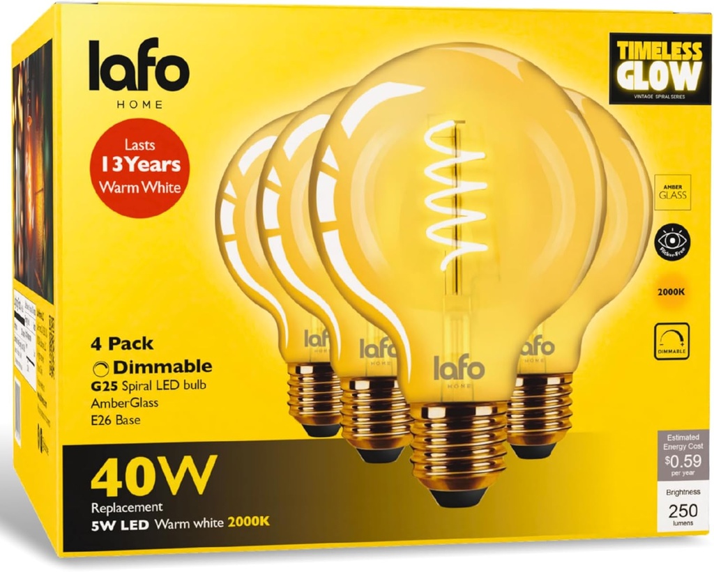 TimelessGlow 4 Pack Dimmable G25 LED Filament Bulb 5W 40W Equivalent Warm Amber 2000K E26 Base CRI80 Amber Glass Spiral Filament ETL FCC Certified Flicker Free Decorative Lighting