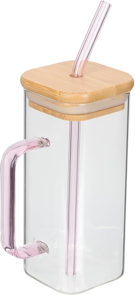 Glass Drinking Cup 400ML Square Glass Tumbler with Handle Clear Coffee Cups with Lids and Straws Portable Water Bottles Milk Jar Can hold various beverages. (Pink)