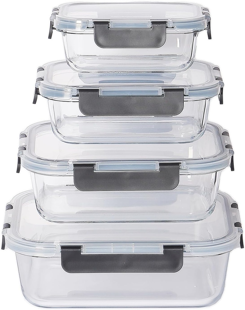 4 sealed glass lunch boxes with lids, glass food storage containers, sealed glass lunch boxes that can be placed in microwave ovens, refrigerators, and dishwashers, gray