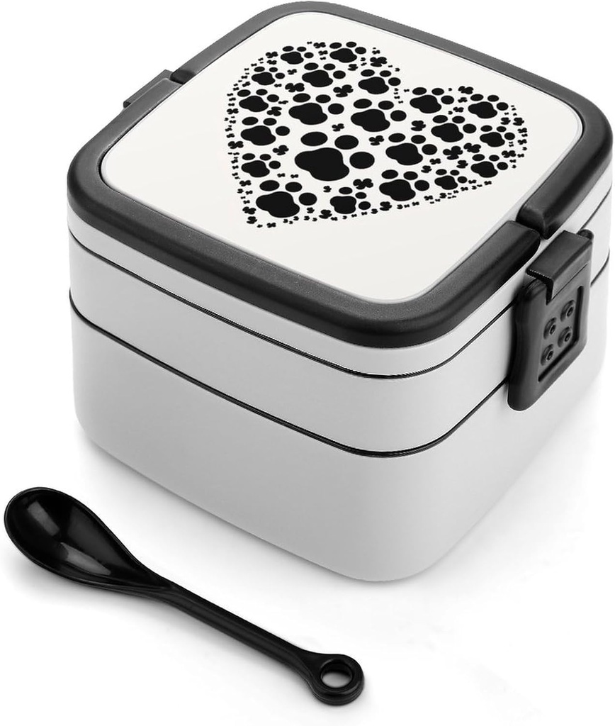 Dog Paw Print Love Heart Bento Box with Spoon, 2-layer Stackable Lunch Box Leak Proof with Invisible Handle, Insulated Food Storage for Office, Picnic & Travel