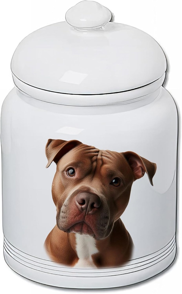Best of Breed Pit Bull Terrier Dog and Cat Ceramic Treat Jar 9" Tall Air Tight Seal All White