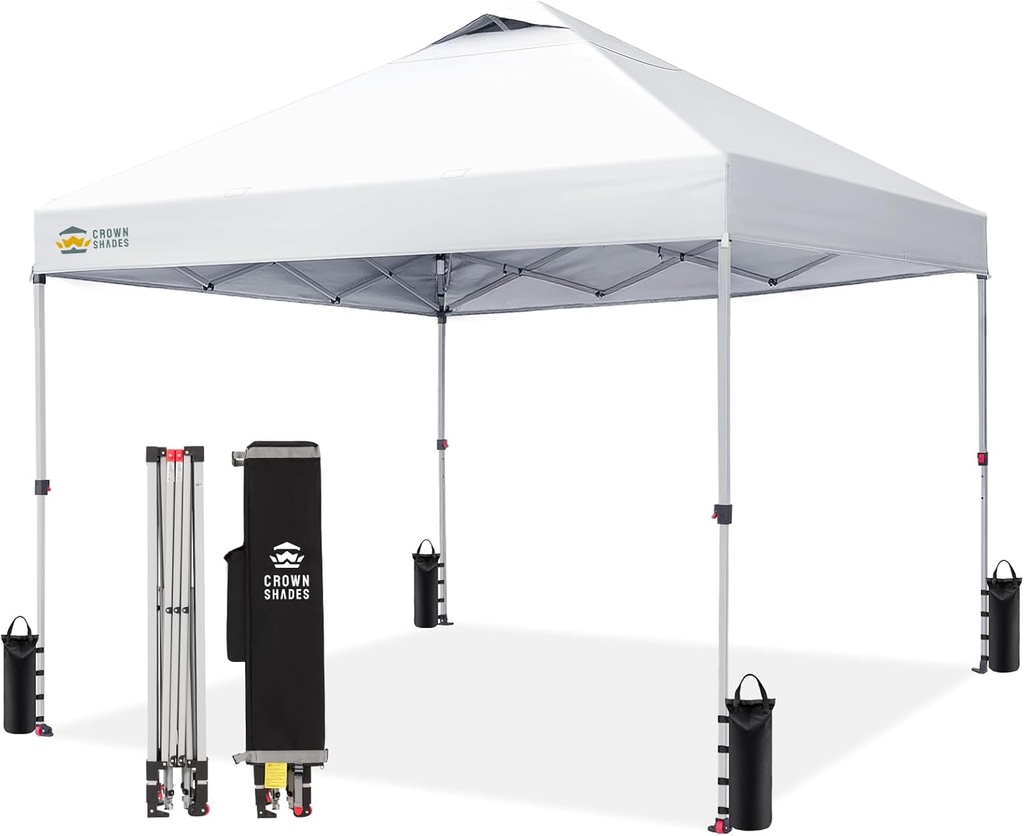 CROWN SHADES 10x10 Pop Up Canopy - Beach Tent with One Push Setup - Easy Outdoor Sun Shade for Events, Parties, Camping - Gazebo with STO-N-Go Cover Bag, Silver Coated Top, Grid White